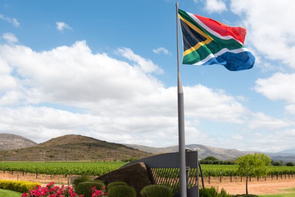 South African flag waving in front of a scenic landscape with mountains and vineyards.