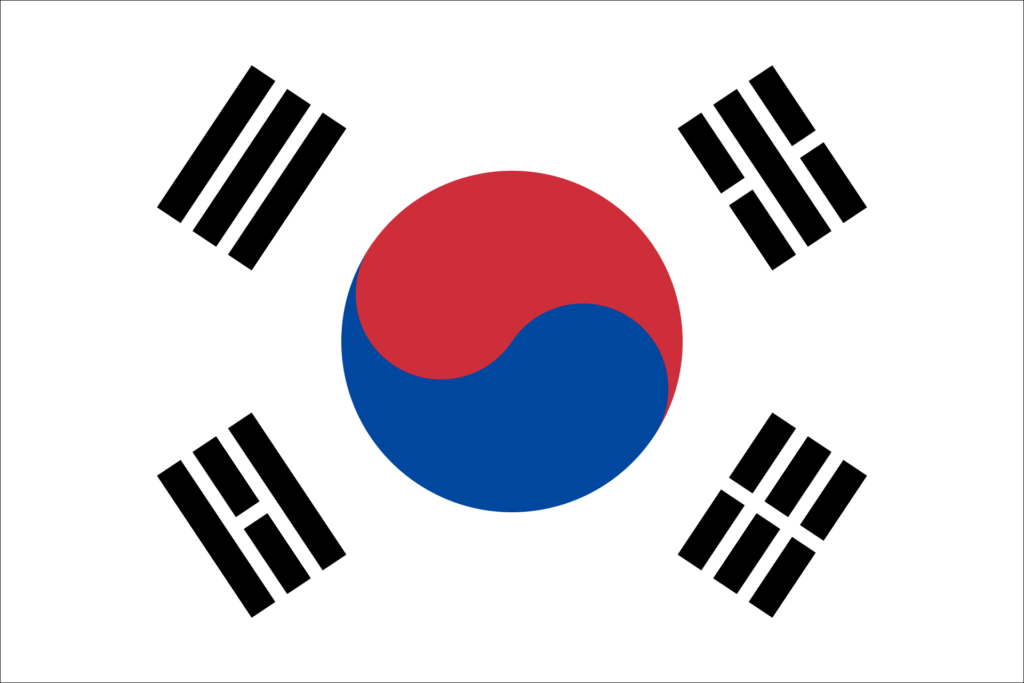 Flag of South Korea with a white background, a central red and blue yin-yang symbol, and four black trigrams in each corner.