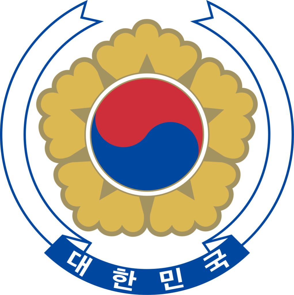 Emblem of South Korea featuring a blue and white Taegeuk symbol in the center, surrounded by a gold-colored five-petal Hibiscus syriacus, all encircled by blue and white ribbons.