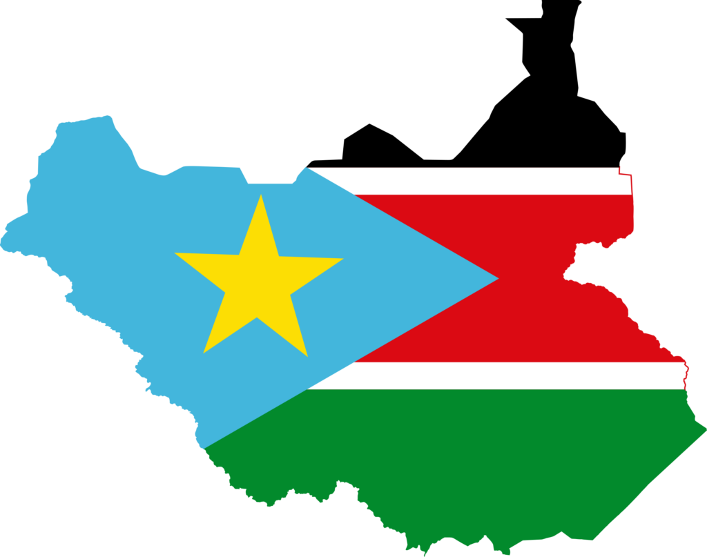 Map of South Sudan shaped with the design of its national flag.