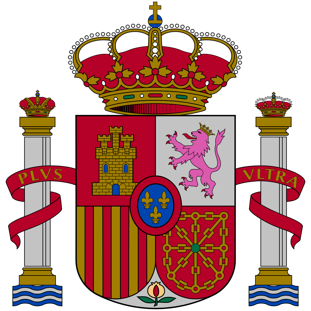 Coat of arms of Spain featuring a crowned shield with a castle, lion, chains, fleur-de-lis, and pomegranate, flanked by pillars with banners.