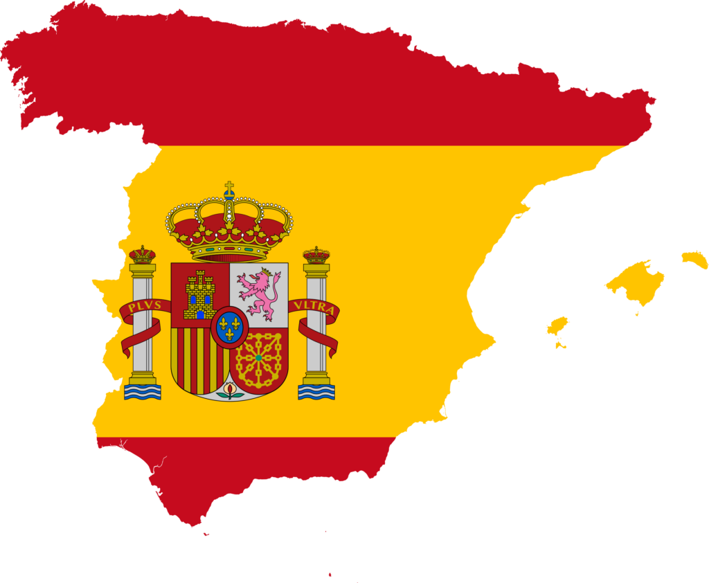 Map of Spain with the Spanish flag overlaying the country's silhouette.