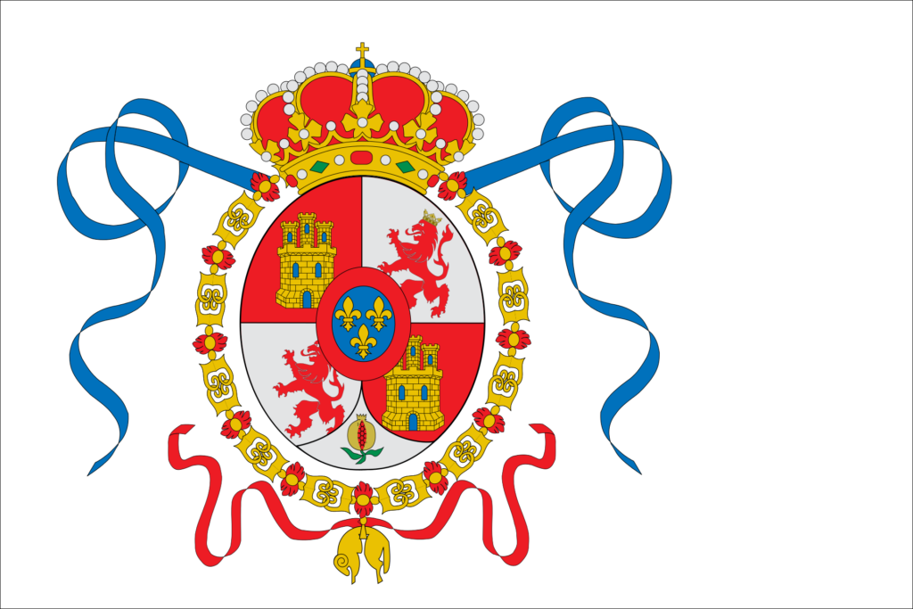 Illustration of the historical Spanish naval ensign with a detailed coat of arms and red and gold crown.