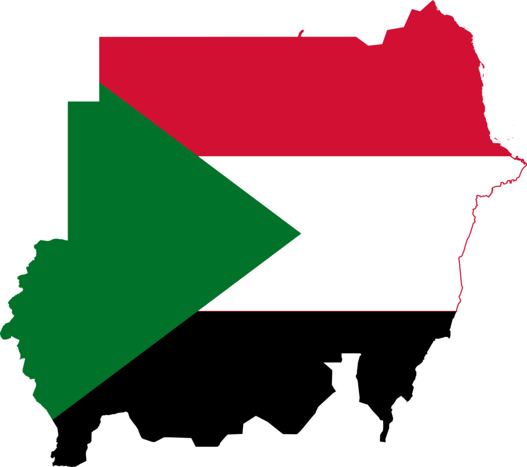 Map of Sudan with the Sudanese flag overlaying the country's shape.