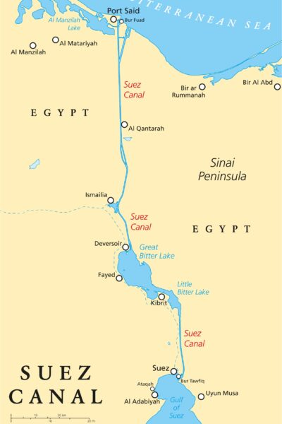 A map of the Suez Canal, from Port Said to the Gulf of Suez.