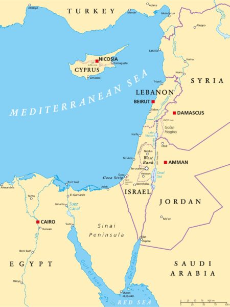 Eastern Mediterranean Political Map with capitals national borders, important cities, rivers and lakes.