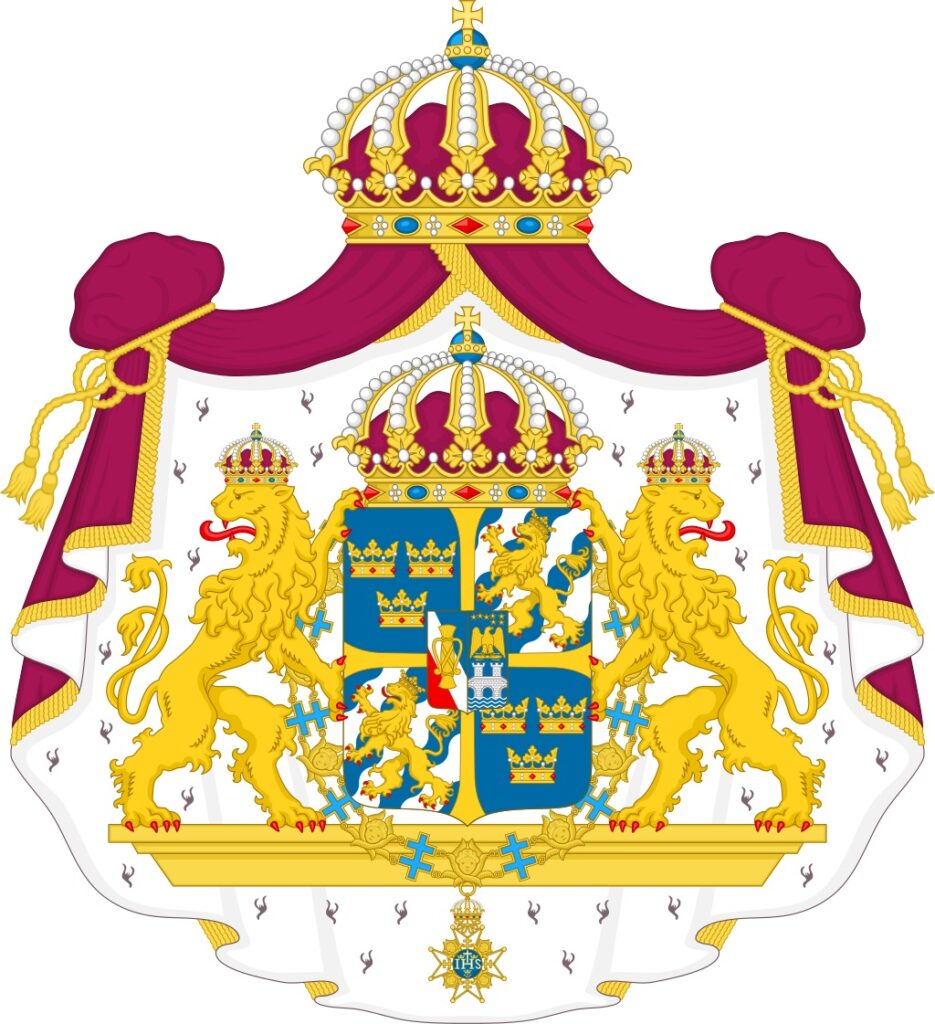 Coat of arms of Sweden featuring a shield with blue and gold quadrants, three crowns, and a lion, flanked by two golden lions, under a royal crown with purple drapery.