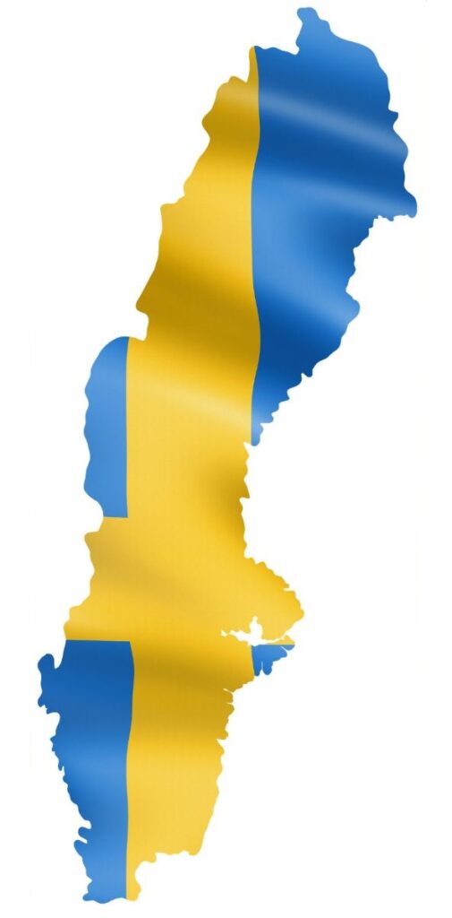 Map of Sweden colored with the Swedish flag, blue with a yellow cross.