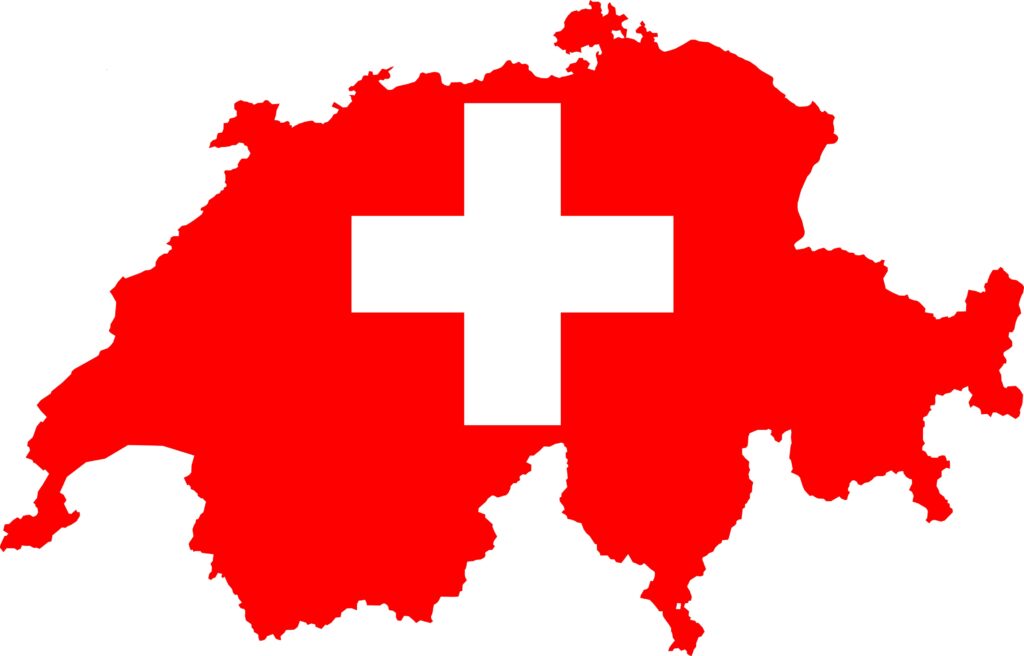 Map of Switzerland with the Swiss flag superimposed on it.