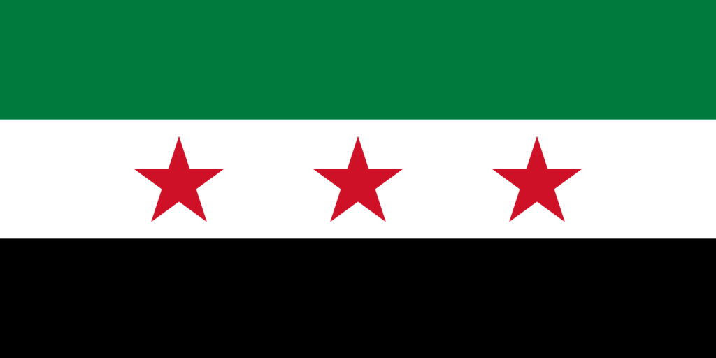 Flag of the French Mandate for Syria and the Lebanon, with three red stars on a white horizontal stripe, flanked by green and black horizontal stripes.