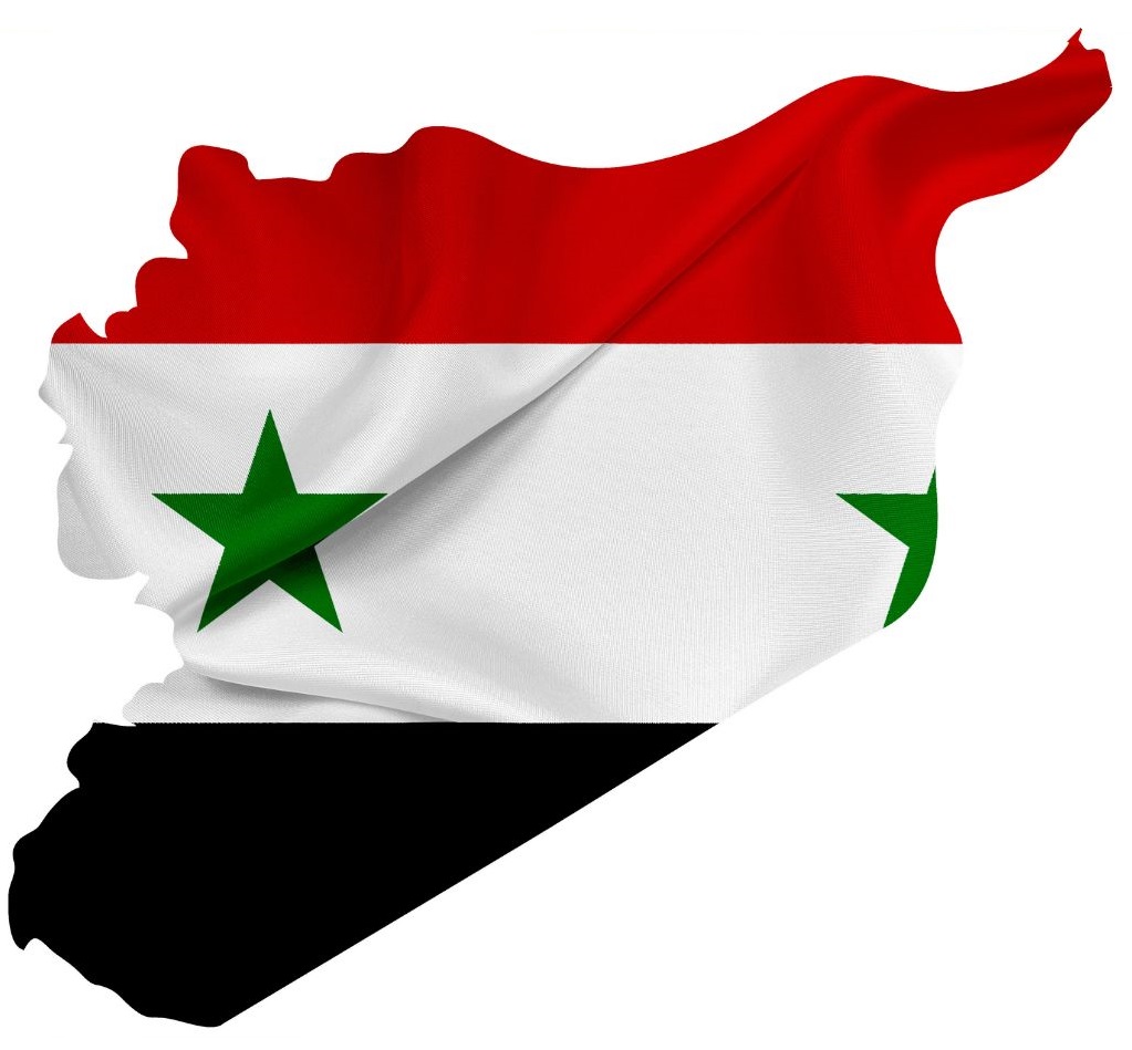 A graphic representation of Syria's map with the Syrian flag superimposed on it.