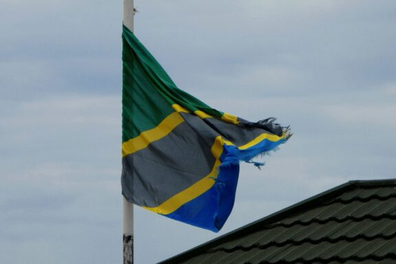 A Tanzanian flag fluttering on a pole with a cloudy sky in the background.