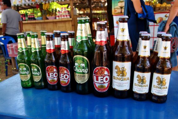 AO NANG, THAILAND-OCTOBER 29,2017:sale of beer Chang, Leo and Singha in street cafe, AO Nang, Thailand