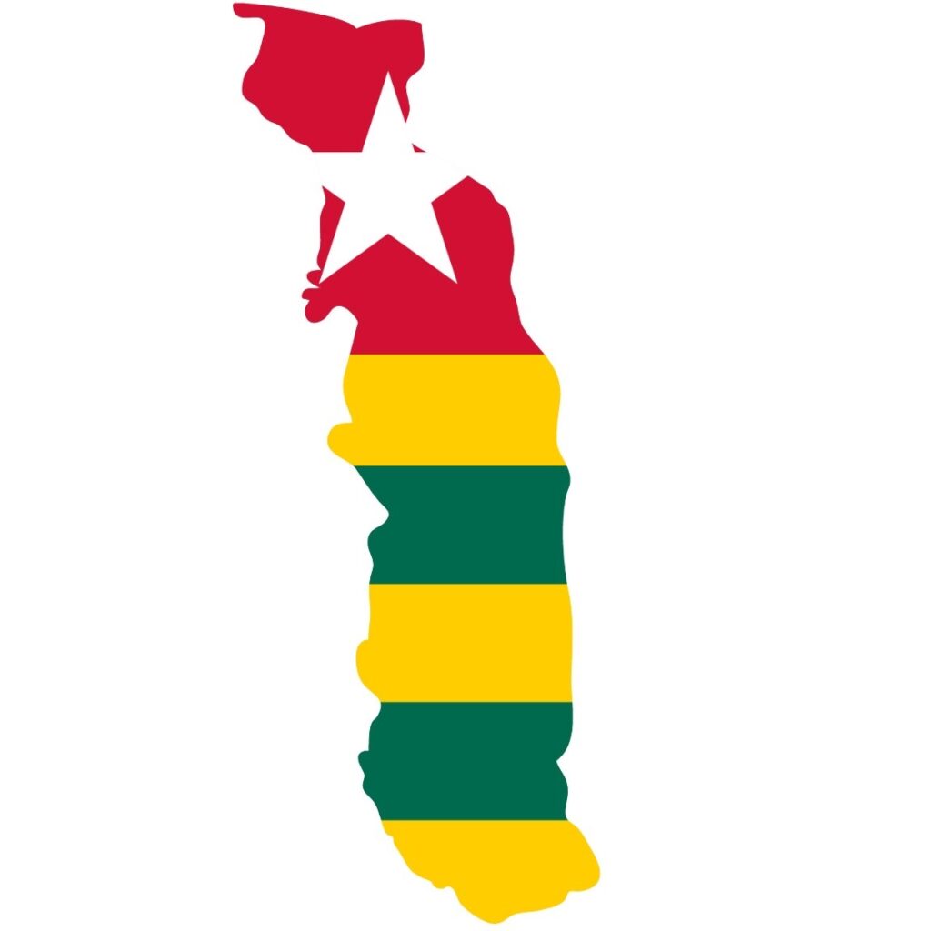 Map of Togo shaped with the Togolese flag colors, featuring green, yellow, red, and white stripes with a white star.