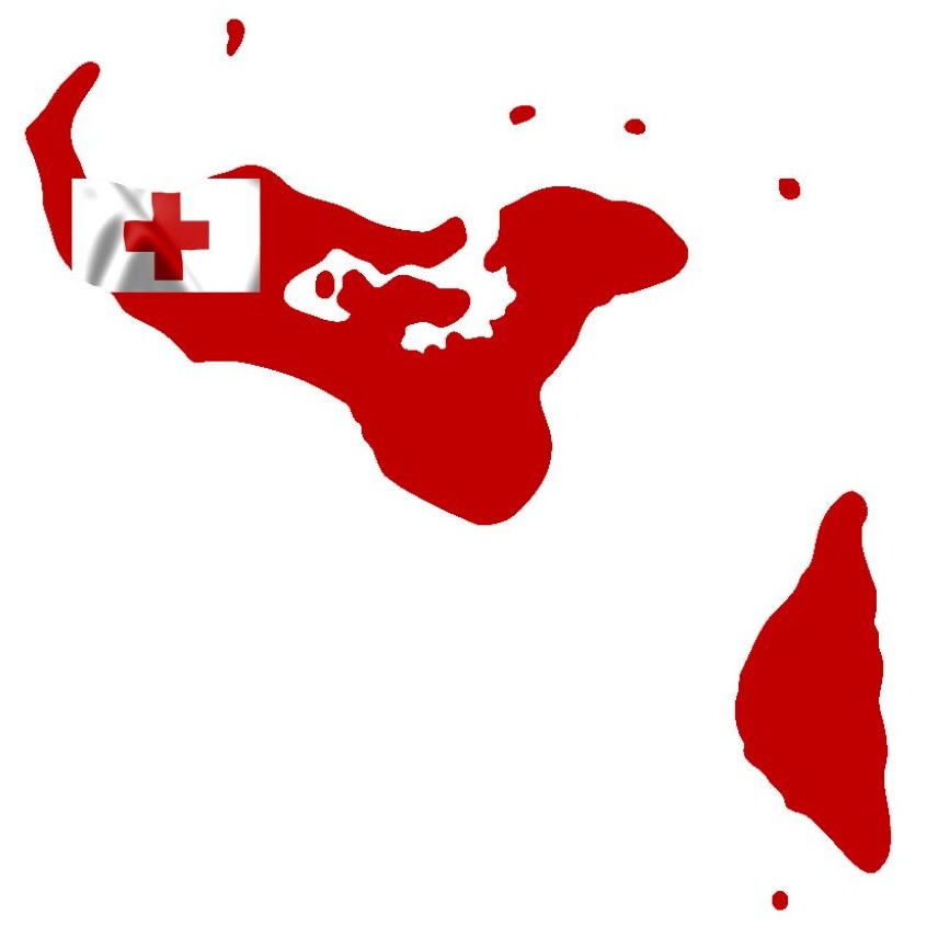 Map of Tonga in red with the Tongan flag superimposed on the main island.