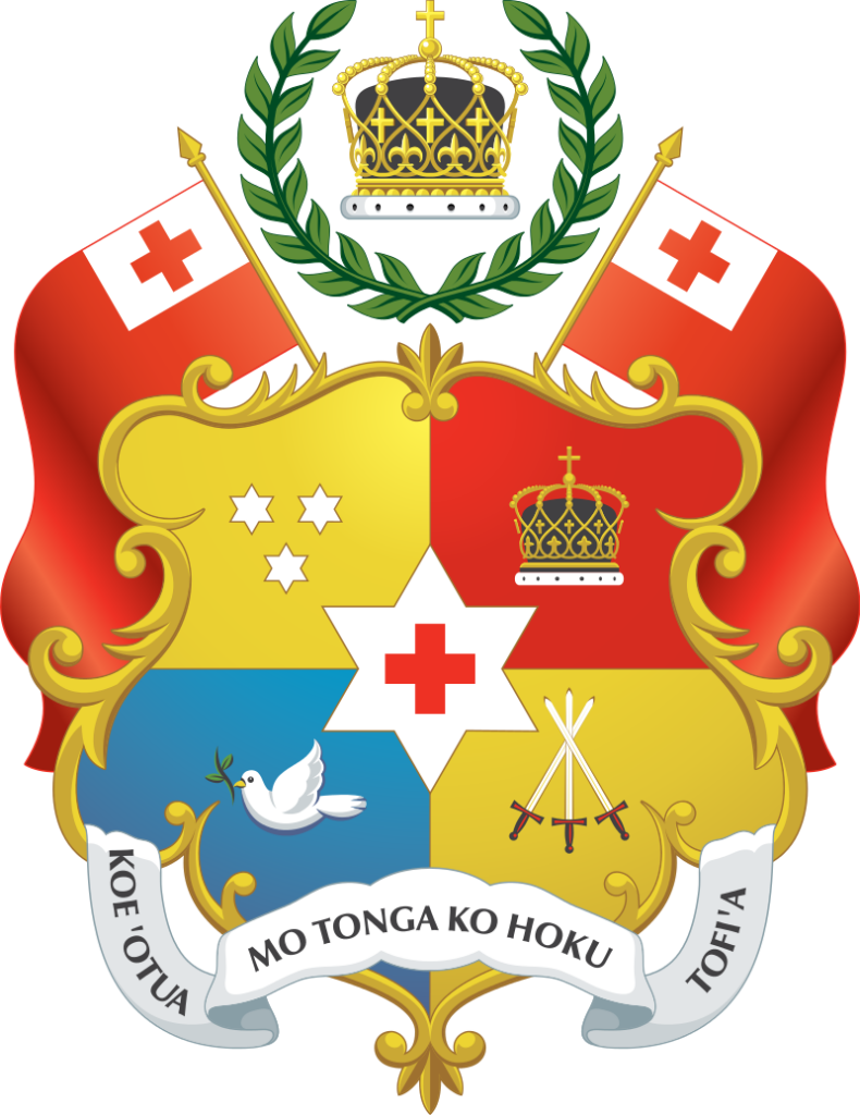 Coat of arms of Tonga featuring a shield with a cross, stars, and a dove, flanked by olive branches, with a crown on top and a ribbon below with the motto "Ko e ‘Otua mo Tonga ko hoku tofi’a".