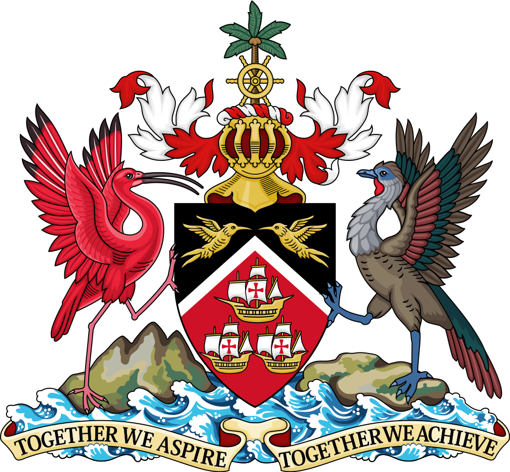 Coat of arms of Trinidad and Tobago featuring a shield with a ship, two birds, and a banner with the motto "Together We Aspire, Together We Achieve."