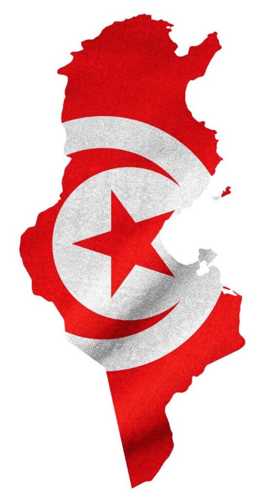 Map of Tunisia with the Tunisian flag superimposed on it.