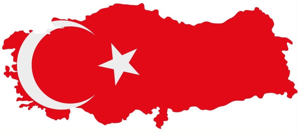 Map of Turkey in the colors of the Turkish flag, with a white star and crescent on a red background.