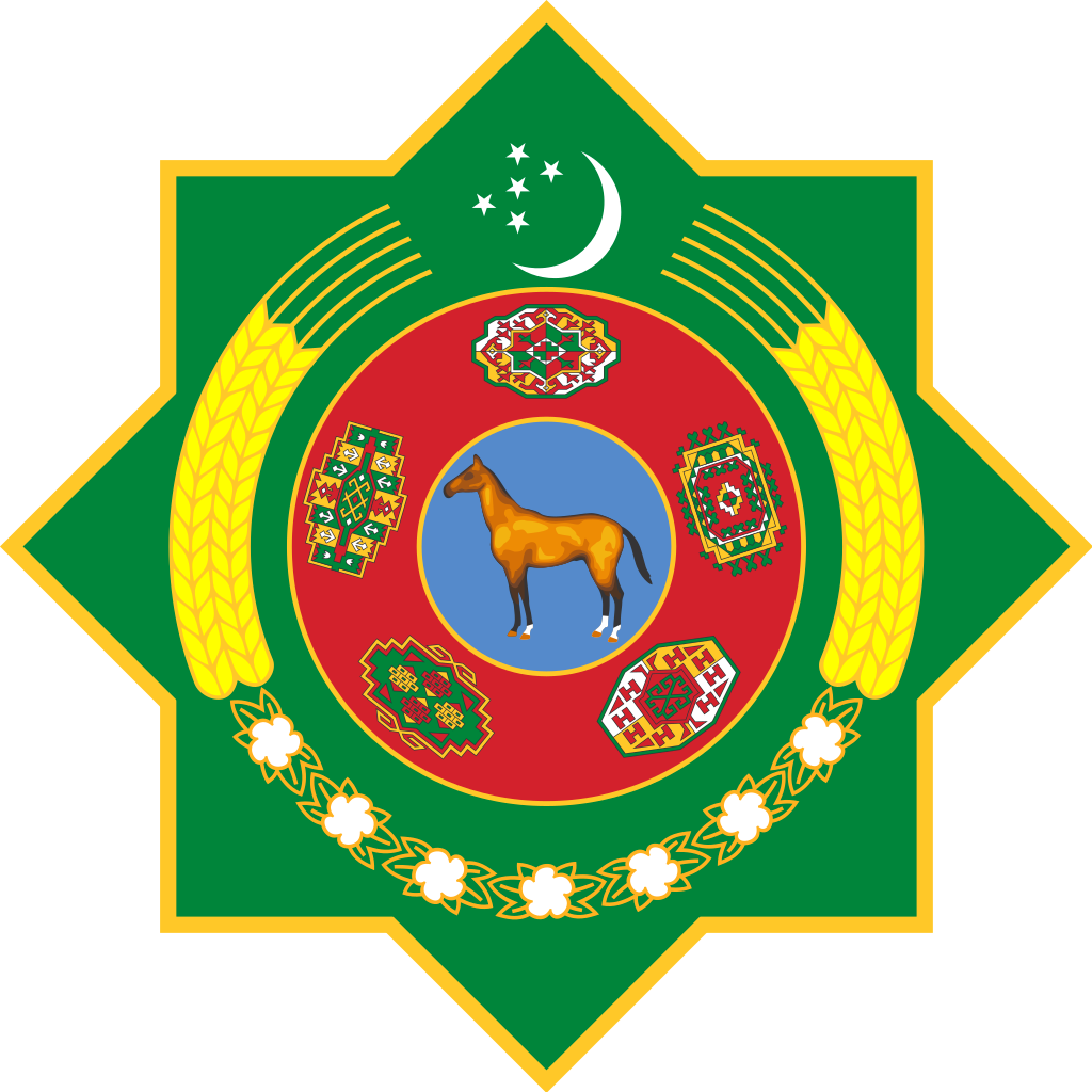 Emblem of Turkmenistan featuring a golden horse, crescent moon and stars, surrounded by wheat sheaves and traditional carpet patterns on a green background.