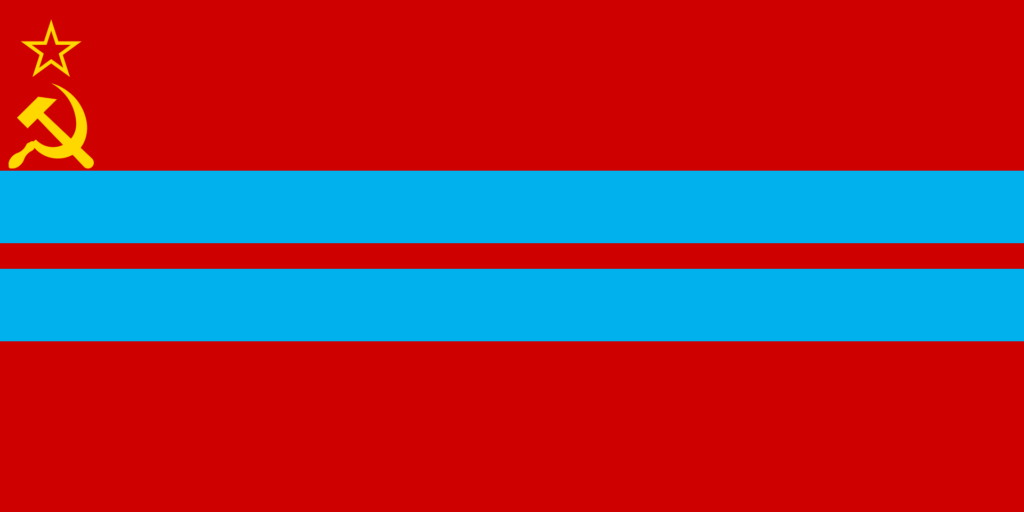 Flag of the Turkmen Soviet Socialist Republic with a red background, two light blue horizontal stripes, and a hammer and sickle with a star in the upper left corner.