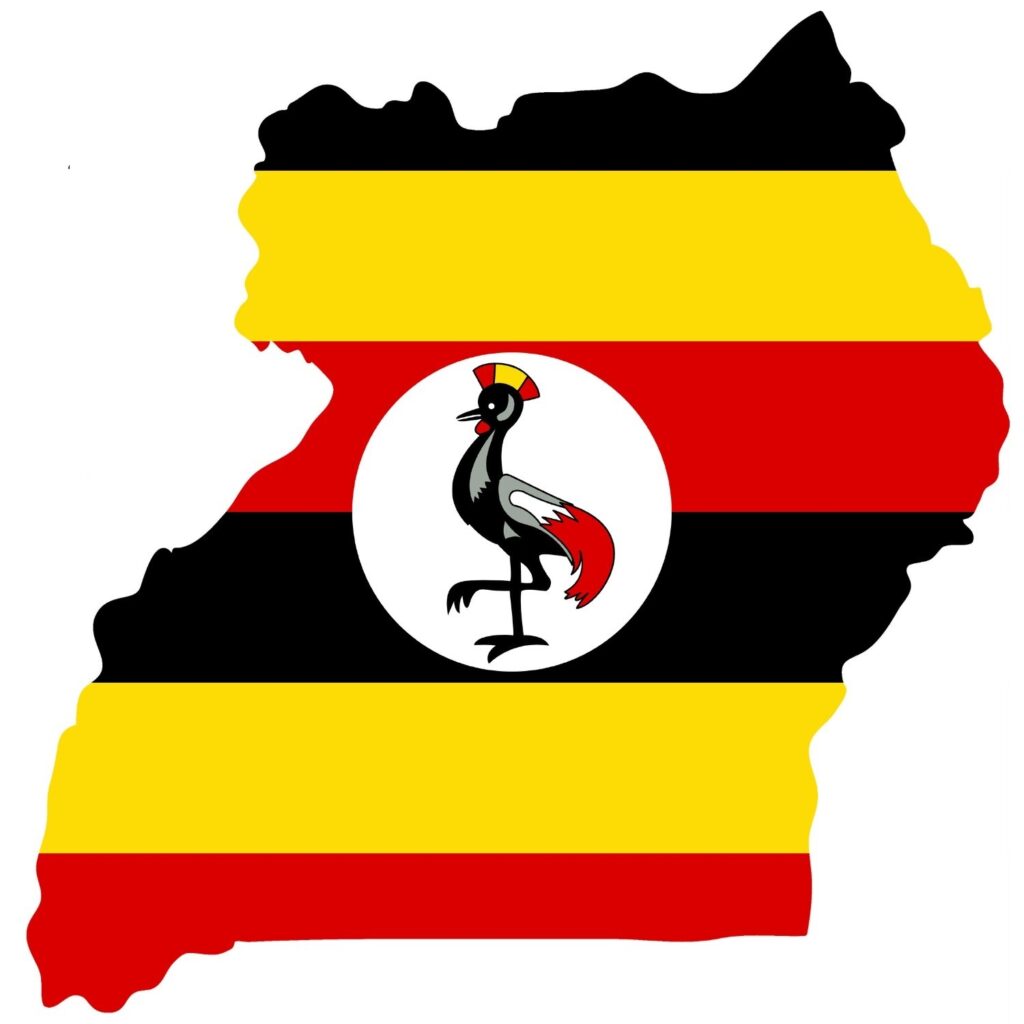 Map of Uganda shaped with the Ugandan flag colors and featuring a crane in the center.