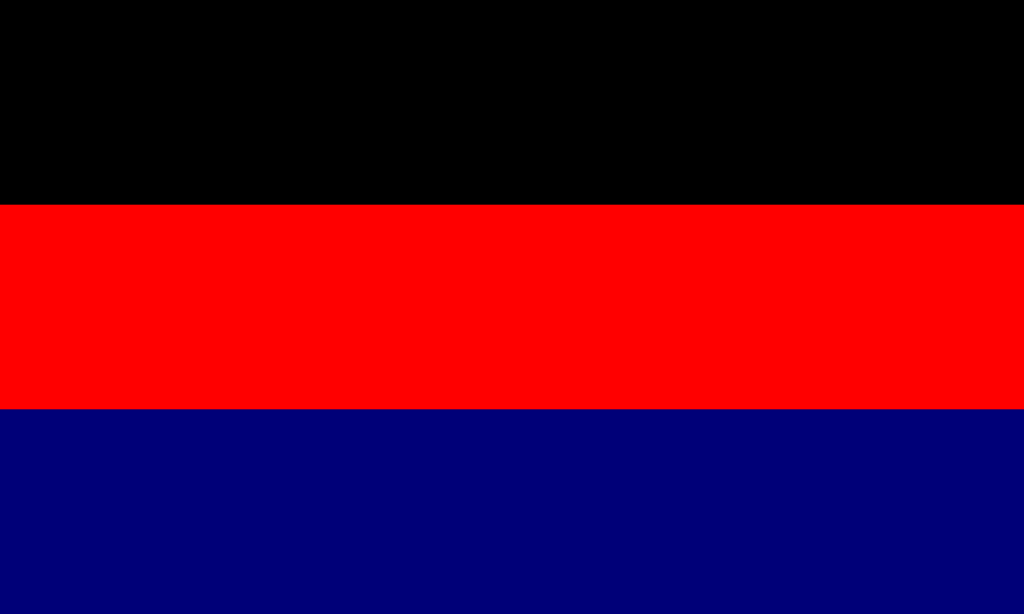 Flag with three horizontal stripes, black on top, red in the middle, and blue at the bottom.