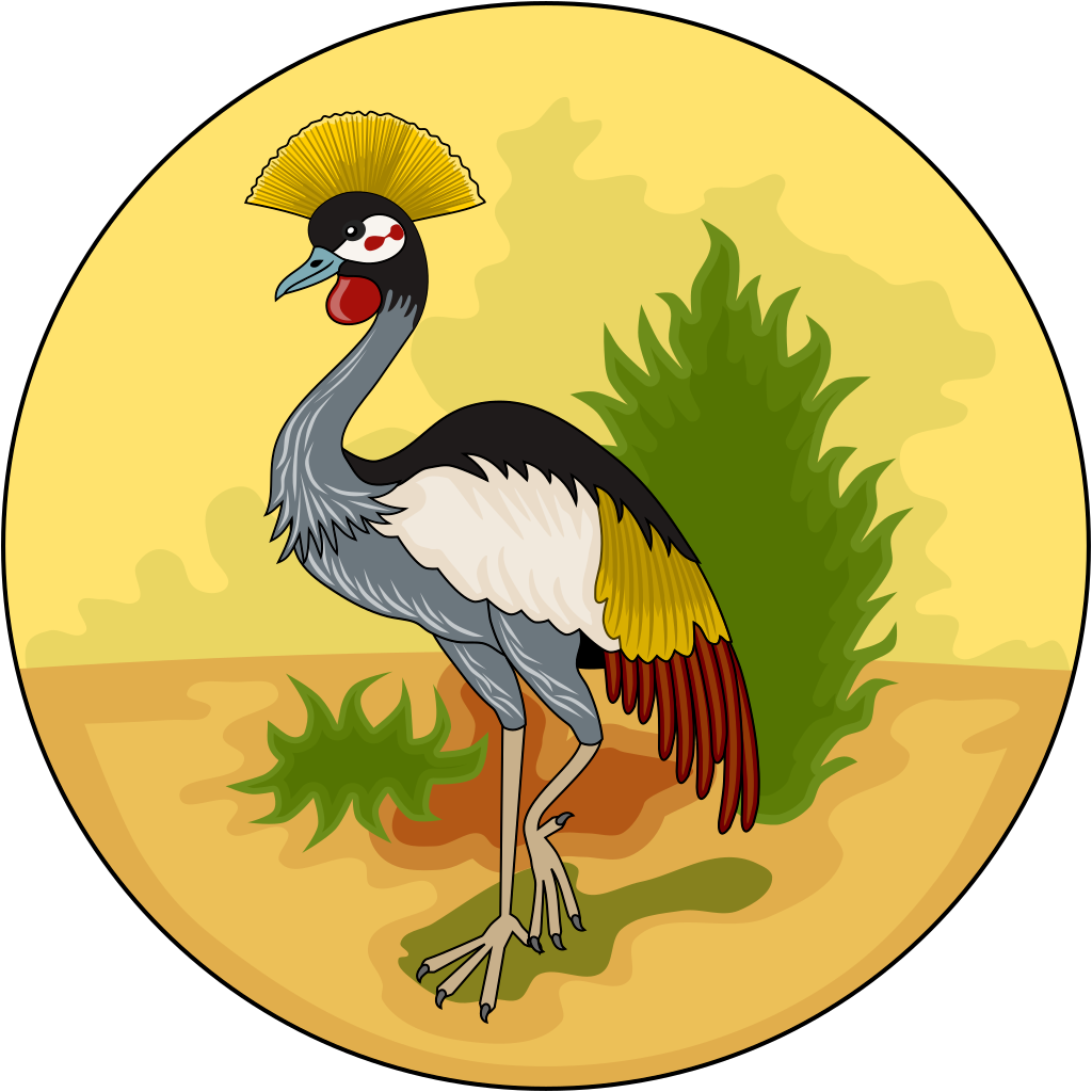 Illustration of a crested crane, the national bird of Uganda, against a backdrop of green foliage and a yellow circle.