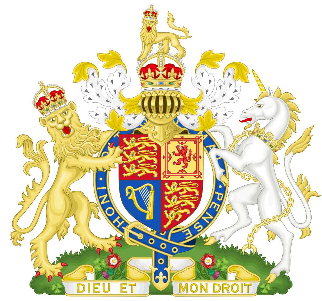 A coat of arms featuring a shield with red and blue quadrants, a lion and a unicorn as supporters, and a crown atop with a banner reading "Dieu et mon droit."