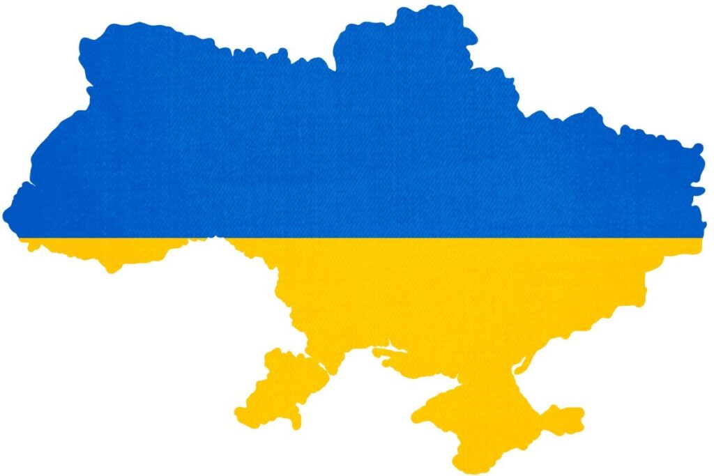 A map of Ukraine colored with the blue and yellow of the national flag.