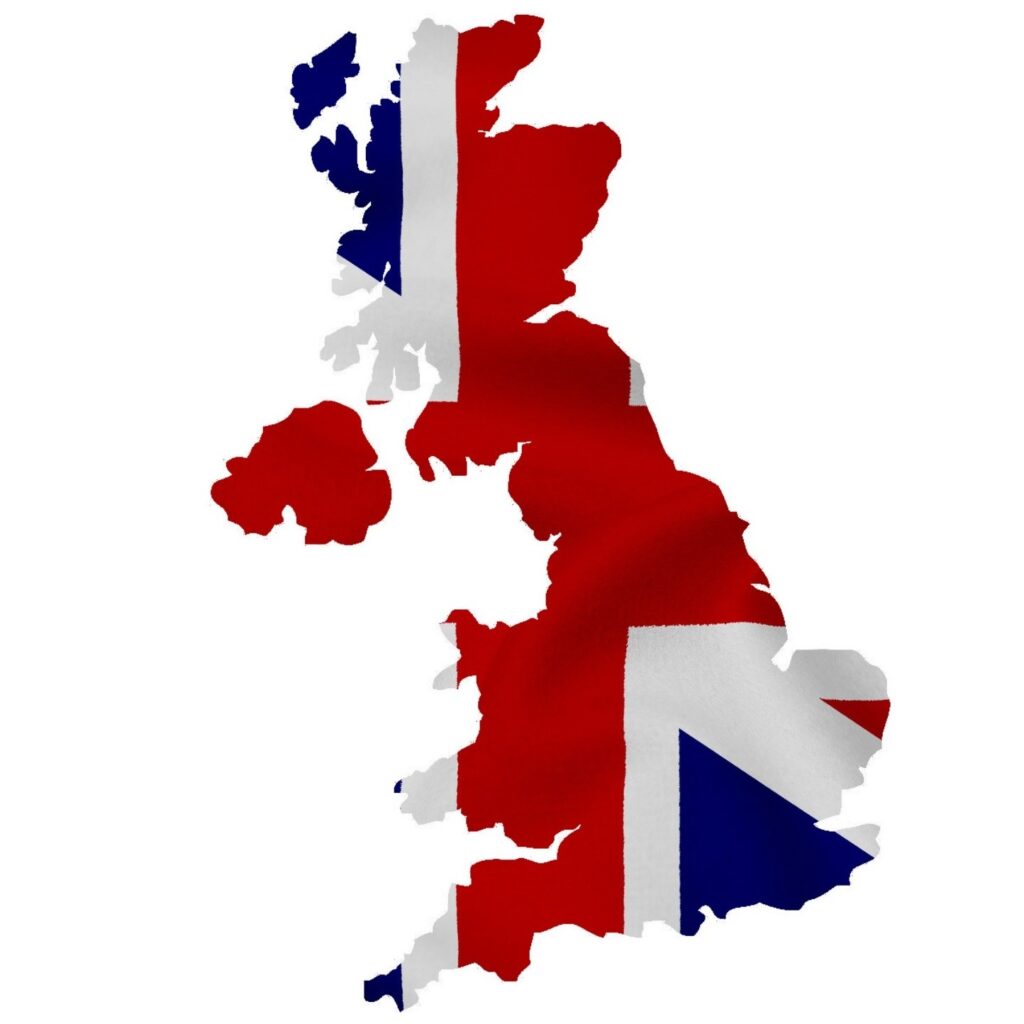 Map of the United Kingdom shaped with the design of the UK flag.