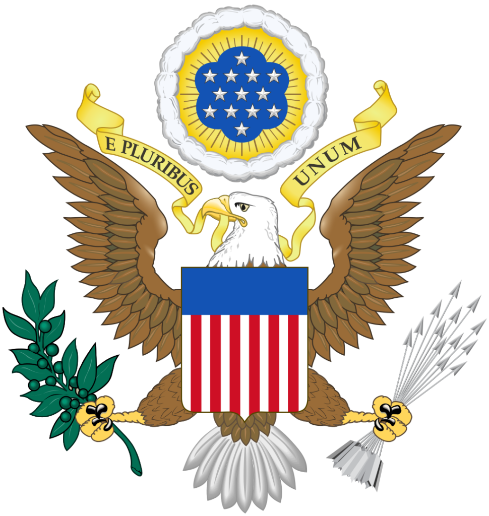 The Great Seal of the United States featuring a bald eagle holding an olive branch and arrows, with a shield on its chest, a banner with the motto "E Pluribus Unum," and a constellation of stars above its head.