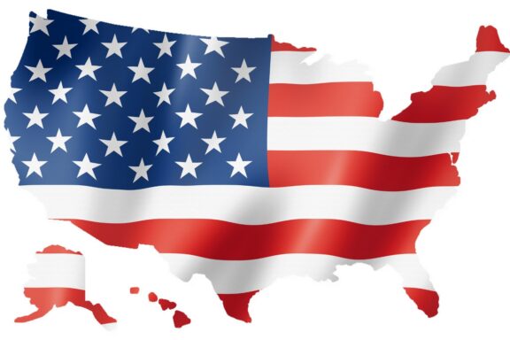 Map of the United States shaped like the country's flag with stars and stripes.