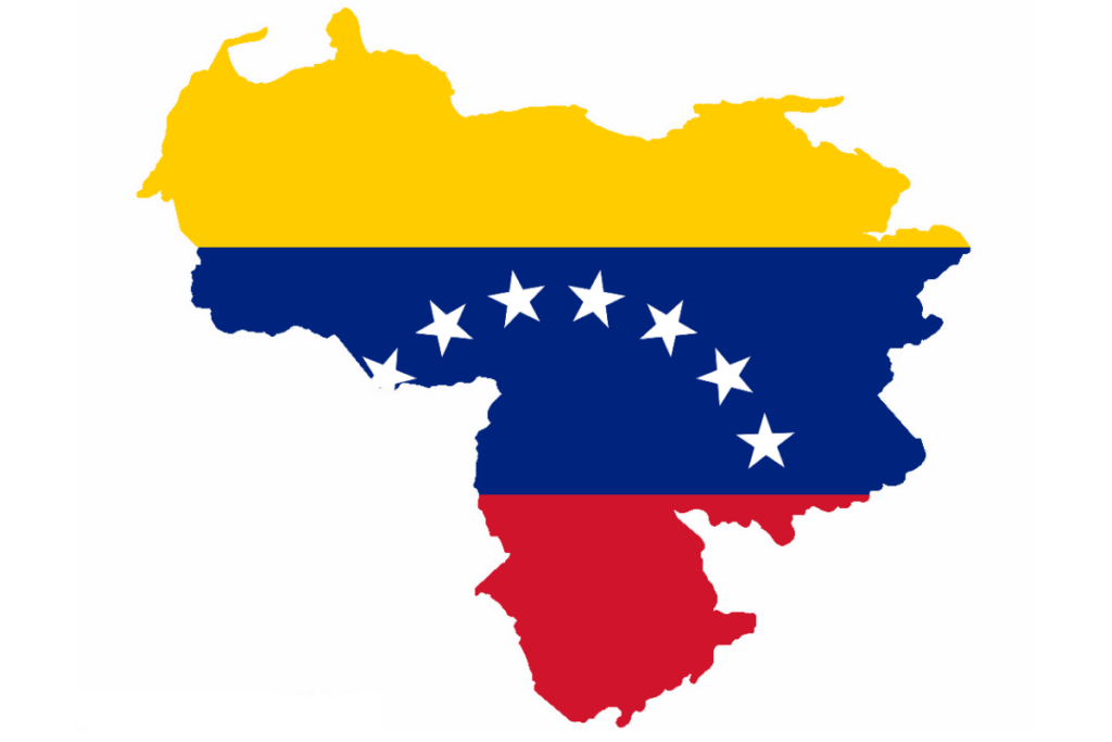 Map of Venezuela with the country's flag overlaying the territory.