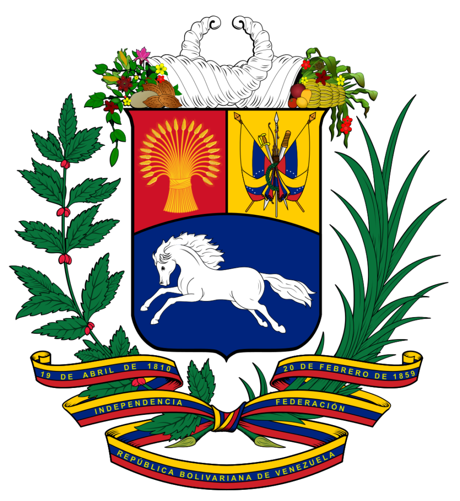 Coat of arms of Venezuela featuring a white horse, wheat sheaves, weapons, and a red Phrygian cap with a laurel wreath and ribbon banners.