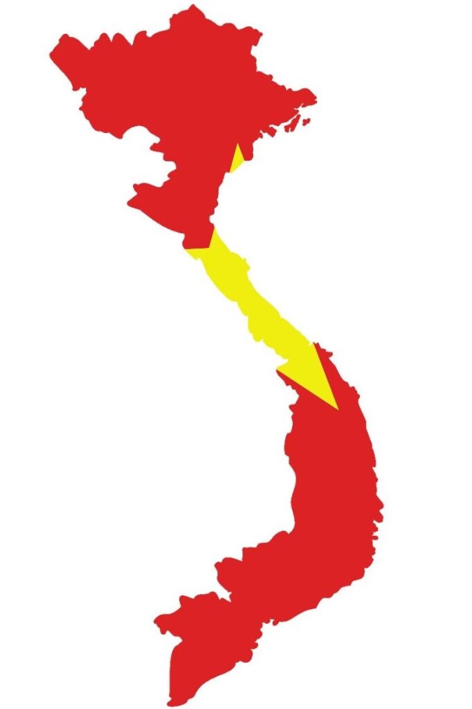 Map of Vietnam colored with the red and yellow of the Vietnamese flag.