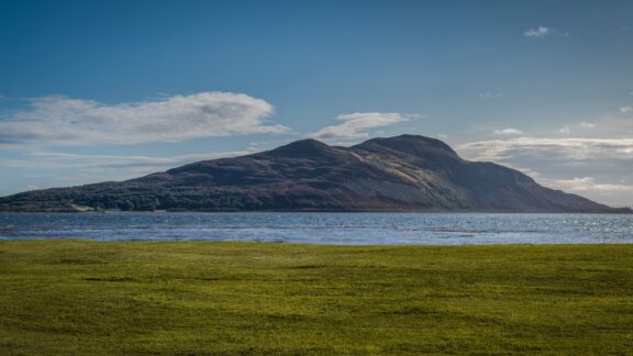 Holy Isle can be seen from Lamlash on the Isle of Arran in Scotland. 