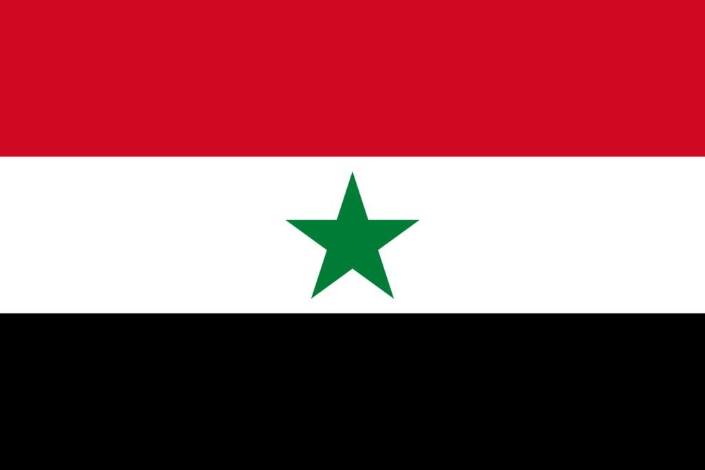 Flag of Yemen with a horizontal tricolor of red, white, and black with a green star in the center.