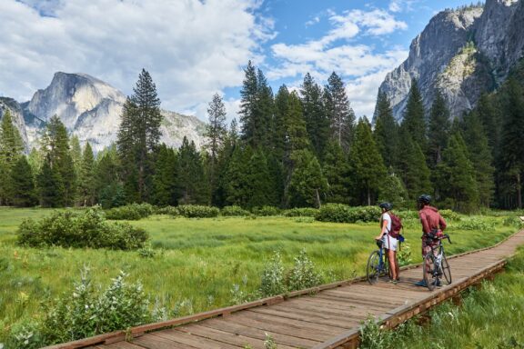 YOSEMITE NATIONAL PARK, CALIFORNIA, USA – JUNE 26, 2021: Mountain biking in Yosemite National Park.