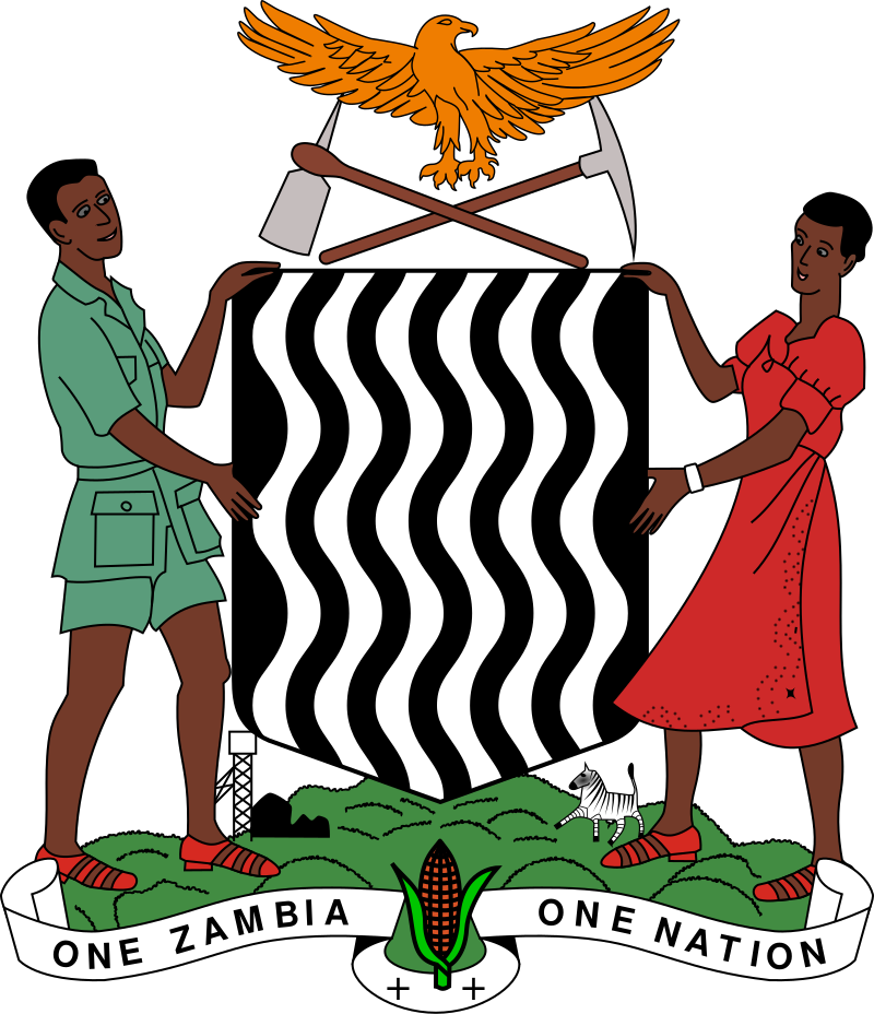 Zambian coat of arms featuring a man and a woman, an eagle above, wavy lines in the center, and a banner with the motto "One Zambia, One Nation" below.