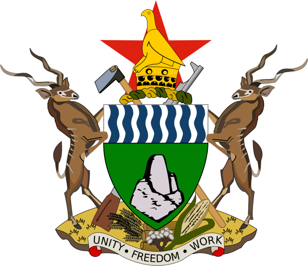 Coat of arms of Zimbabwe featuring a shield with white and blue wavy stripes, a representation of Great Zimbabwe, and crossed hoe and rifle, supported by two kudus, with a banner reading "Unity, Freedom, Work" below.