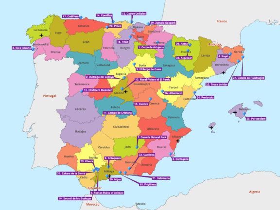 A colorful map of Spain with numbered points of interest and cities labeled in various regions, showing geographical borders and adjacent countries.