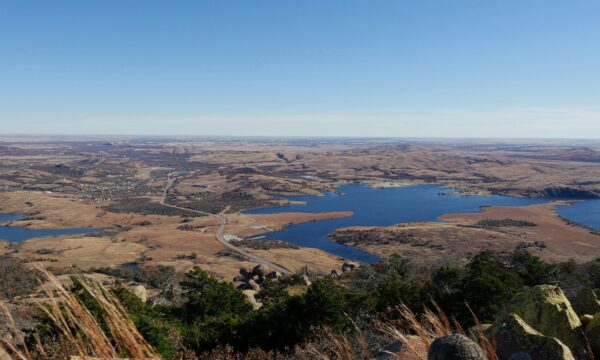 Lake Lawtonka and the surrounding countryside can be seen from atop Mount Scott in Comanche County, Oklahoma.