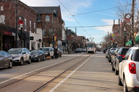 A tram passes through the historic downtown area of Media, Pennsylvania in Delaware County.