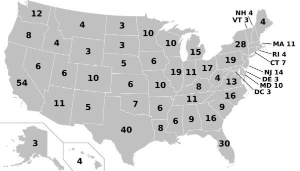 A grayscale map of the United States displaying numerical values overlaid on each state, indicating electoral votes.