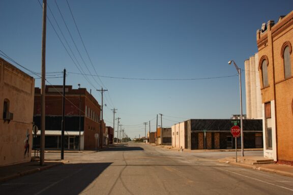 A view of empty streets in the small town of Hollis, Oklahoma.