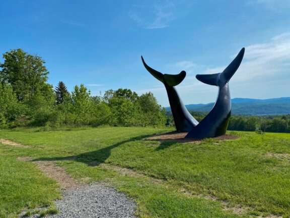 A large abstract sculpture resembling whale tails set in a lush green park with distant rolling hills and a clear blue sky in the background.