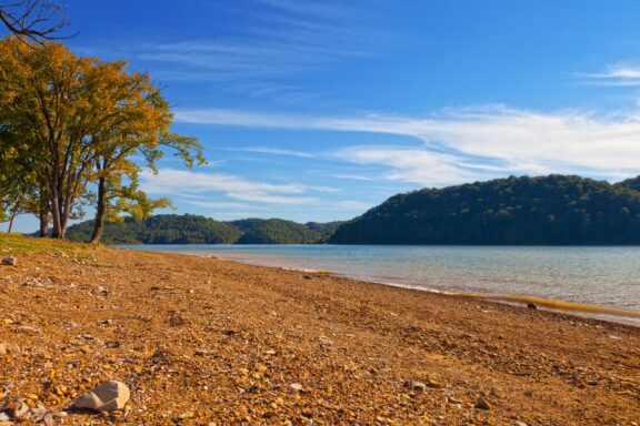 A scenic view of a pebble-strewn beach leading to a body of water with forested hills and a clear blue sky in the background.