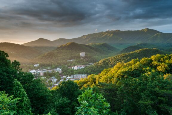 Lush green forest in the foreground with a small town nestled in a mountainous landscape, under a dramatic sky with sunlight breaking through the clouds.