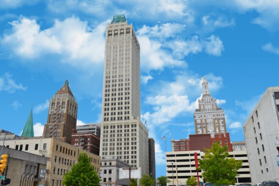 A low-angle view of skyscrapers in Tulsa, Oklahoma.